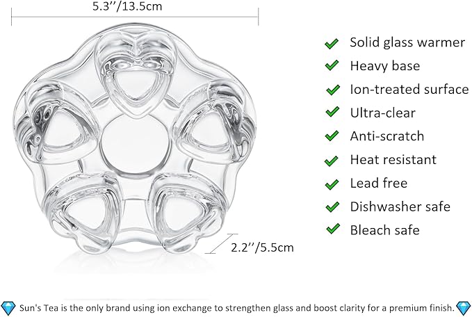 Sun's Tea Universal Solid Crystal Glass Ultra Clear Teapot Warmer | Tea Warmer | Teapot Heating Base | Tealight Warmer- Candle Never Flames Out