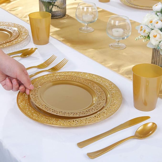 I00000 102 PCS Brown Gold Plastic Plates, Lace Design Disposable Plates, BPA Free Plates Includes: 51 Dinner Plates 10.25 Inch and 51 Salad/Dessert Plates 7.5Inch for Wedding and Party