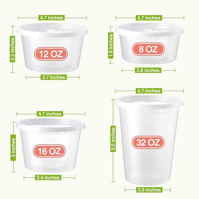 60 Set Deli Containers with Lids - 8oz 12oz 16oz 32oz Combo Plastic Food Storage Containers with Lids, Assorted Size To-Go Containers, Meal Prep Variety pack