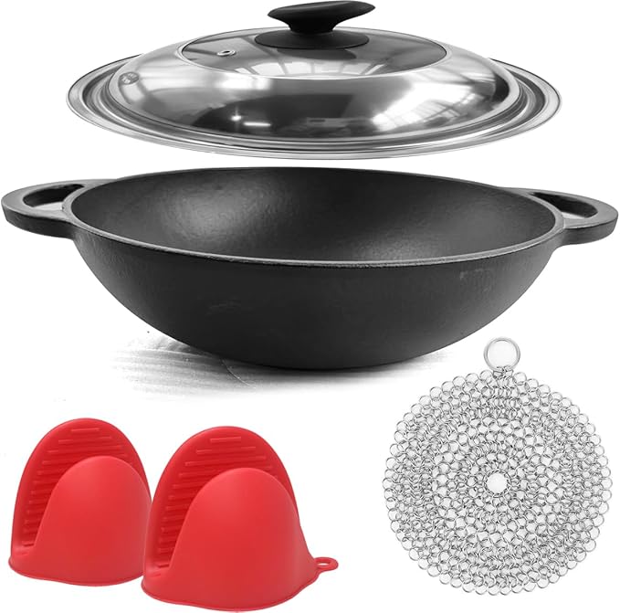 12 Inch Pre-Seasoned Cast Iron Skillet - Wok Round Bottomed Frying Pan with Assist Handles,Tempered Glass Lid, Cast Iron Scrubber,Silicone Oven Mitts for Stovetop,home baking ﻿ (Steel Lid)