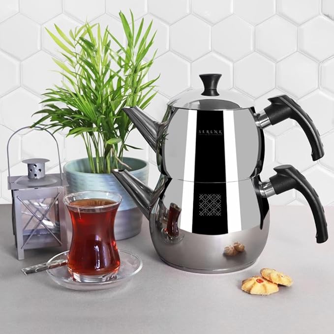 Serenk Modernist Stainless Steel Teapot | 1 L Top, 1.5 L Base, Induction Ready, Mirror Finish, Cool-Touch Handles, Elegant, Durable, Dishwasher Safe