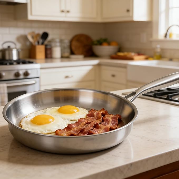 Tri-ply Stainless Steel Frying Pan Set 8" 10" 12" Large Skillet for Chef's Cookware Set, Induction Oven Dishwasher Safe, Compatible with All Cooktops with Kitchen Tongs(Detachable Handle)