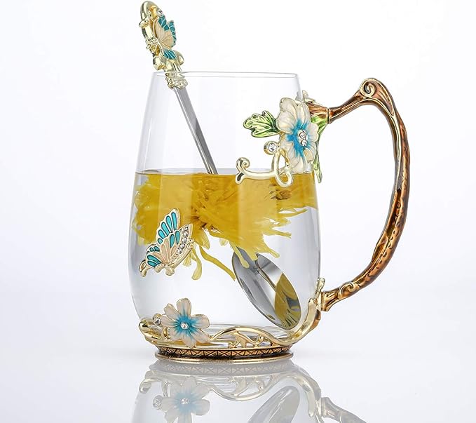 Luka Tech Enamel Butterfly flower Glass Mug with Spoon, Gifts For Women Wife Mom Friends Birthday Mothers Valentines Day Christmas (Blue-Tal)