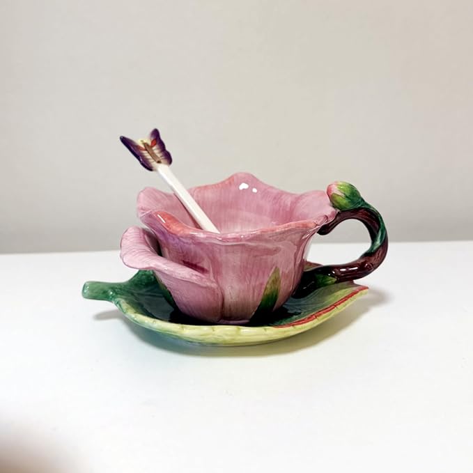 Ceramic Tea Cup and Saucer Set ，6OZ 3D Hand-Painted Flower and Lotus Leaf Coffee Mug，Gift for Women- Dark Pink Rose