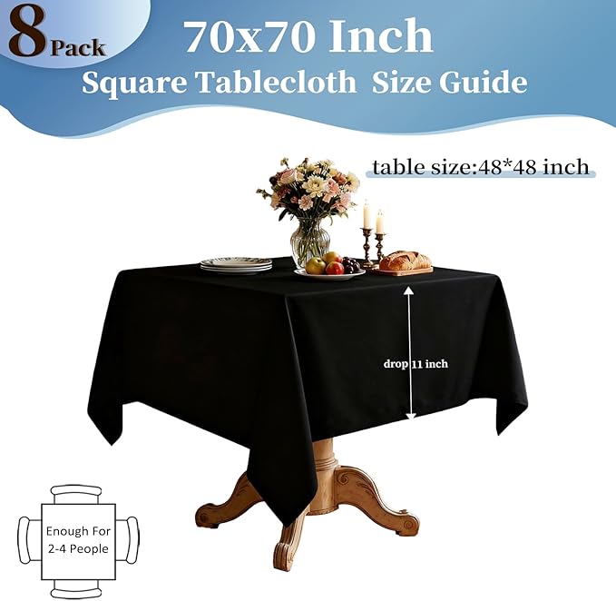 8 Pack Black Square Tablecloth 70x70 Inch Table Cloth for Square Tables, Wrinkle Resistant Washable Polyester Fabric for Dining Banquet Wedding Party