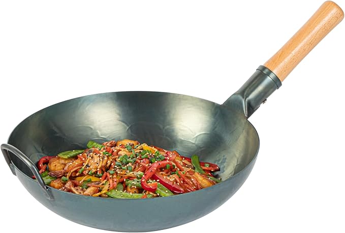 Restaurantware-Motomori 12 Inch Blue Carbon Steel Wok Pans, 10 Traditional Japanese Woks - Flat Bottom, Hand-Hammered, Carbon Steel Traditional Stir Fry Pans, With Wooden Handle