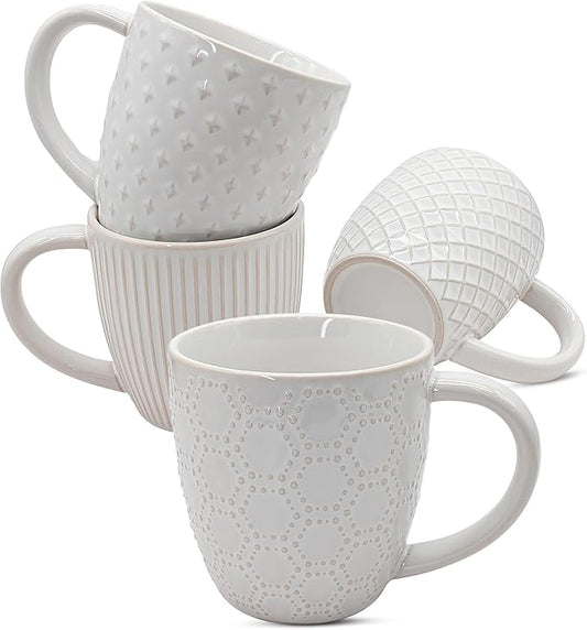 14oz Embossed Ceramic Coffee Cups - Set of 4, Lead-Free Microwave & Dishwasher Safe Coffee Mugs for Home Office Café Tea Cocoa