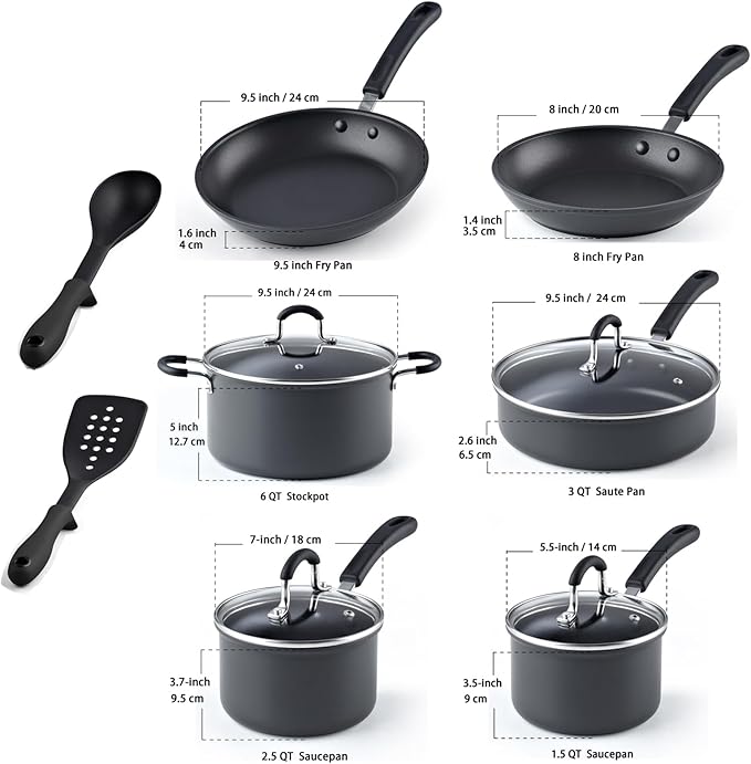 Cook N Home Pots and Pans Set Nonstick Professional Hard Anodized Cookware Sets 12-Piece, Dishwasher Safe with Stay-Cool Handles, Black