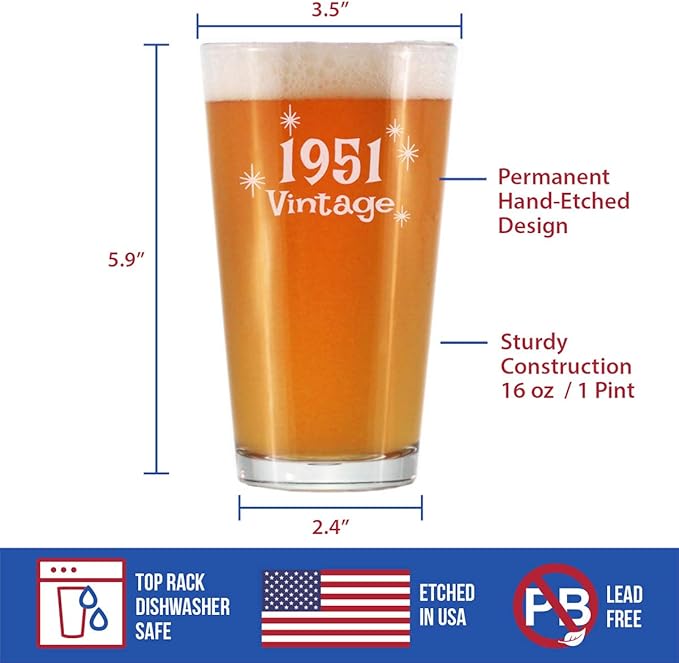 Bevvee Vintage 1951 Pint Glass for Beer - 75th Birthday Gifts for Men or Women Turning 75 - Fun Bday Party Decor - 16 oz