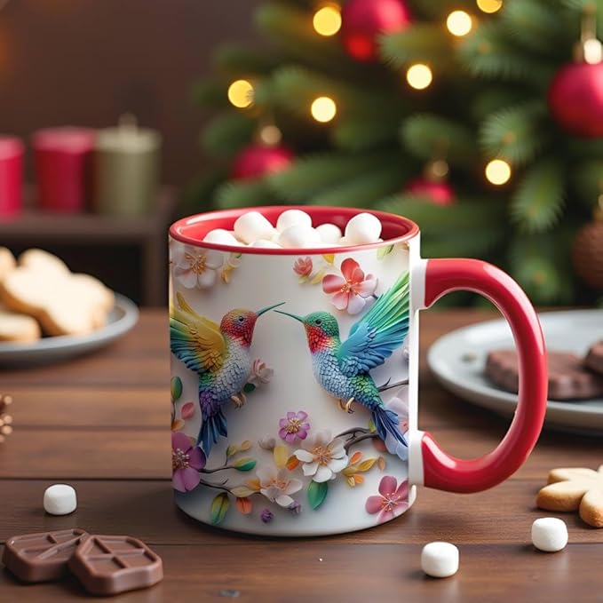 Couple Hummingbird Christmas Coffee Mugs - Hummingbird Christmas Mugs for Women Men Dad Mom Kids Adults - Birthday Xmas Gifts for Friends Coworkers Bird Lovers - 11oz Printed Ceramic Coffee Cups