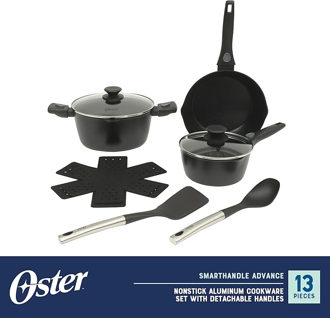 Oster SmartHandle Advance 13-Piece Nonstick Cookware Set – Matte Black Finish, Induction Base, Detachable Handles, Forged Aluminum, Oven & Dishwasher Safe, With Utensils & Pan Protectors