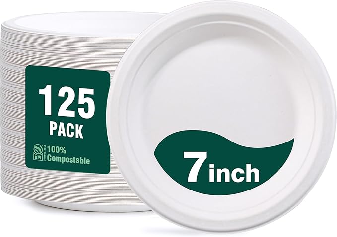 DaYammi 100% Compostable Paper Plates 7 Inch, 125-Pack Heavy Duty Paper Plates Bulk,Biodegradable Bagasse,Eco-Friendly Disposable Dessert Plate for BBQ,Picnic,Party (BPI Certified,Microwaveable)