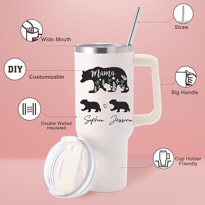 Personalized Mom Tumbler with Kids Names, Custom Christmas Gifts for Mom from Daughter and Son, Stainless Steel 40 Oz Mama Tumbler, Gifts for Grandma