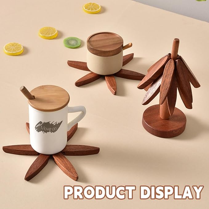 Wooden Trivets for Hot Dishes,Natural Tree Trivet Set,Foldable Wooden Trivet,Black Walnut Wooden Tree Coaster Set for Hot Dish/Pot/Bowl/teapot/hot Pot Set(4 Piece-Walnut)