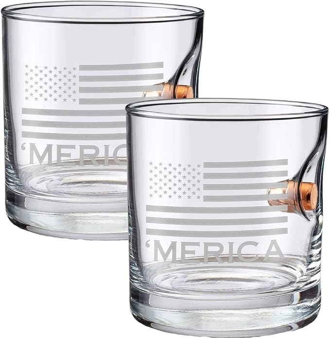 BenShot 'Merica Rocks Glass with Real 0.45ACP Bullet - 11oz | Made in the USA [Set of 2]