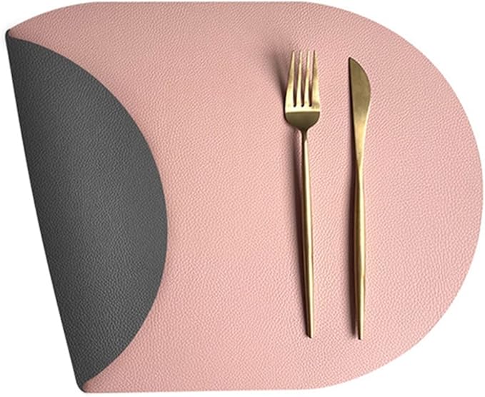 Set of 1/4 Faux Leather PU Placemats Black Oval Round Dinning Table Mats Wipeable Plate Round Mats Nordic Style(DS Pink Grey,44x30cm 4pcs)