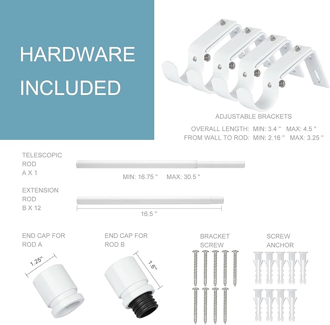 Curtain Rods for Windows 16 to 200 Inches Adjustable Length 1 Inch Diameter Window Curtain Rod with Aluminium End Cap, White