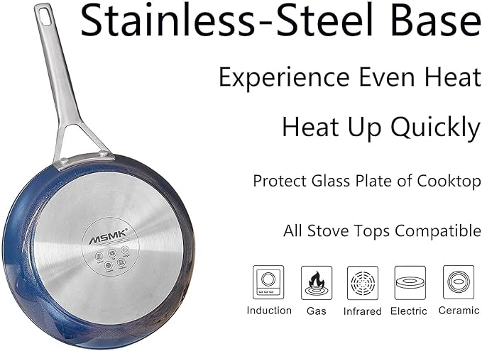 MsMk 8 inch Non stick frying pan with lid, Egg Omelet Skillet, Titanium and Blue Diamond Non-Toxic Coating From USA, Dishwasher and Oven Safe, Compatible with All Cooktops, Induction Ready