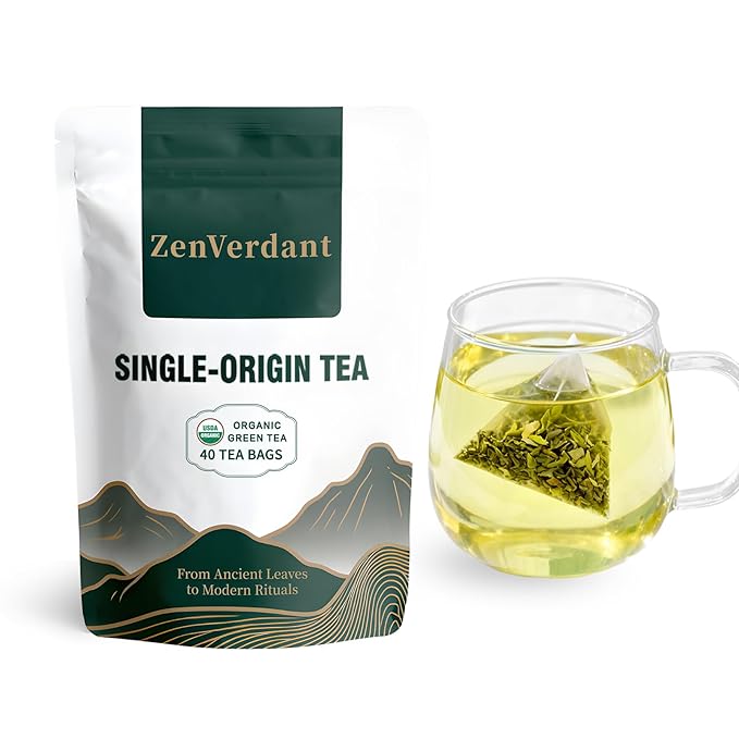 ZenVerdant USDA Organic Quick Brew Green Tea Bags 40 Count - Plant-Based Fiber, Subtle Natural Citric Acid Flavor, Individually Wrapped