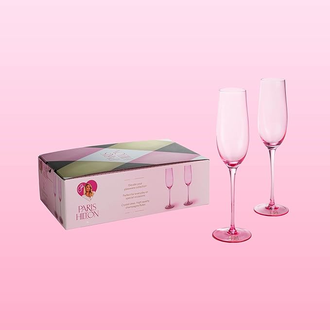 Paris Hilton Champagne Flute Set, Handmade Glass Collection in Paris Signature Pink, Perfect for Parties and Special Occasions, Serve Champagne, Prosecco, Mimosas and More, 8-Ounce, 2-Piece Set, Pink