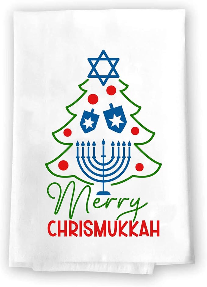 Christmas Decor | Decorative Kitchen and Bath Hand Towels | Merry Chrismukkah Tree | XMAS Winter Novelty | White Towel Home Holiday Decorations | Gift Present