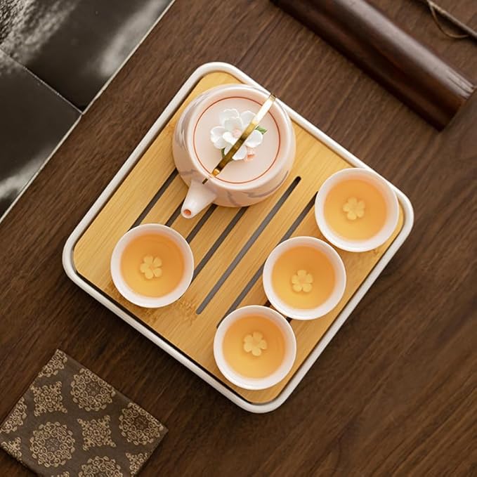 Japanese Porcelain Tea Set, Pink Kungfu Teapot Set with 1 Teapot, 4 Tea Cups, 1 Tea Tray, for Adults, Tea Lover/Women/Men/Office/Home (Pink)