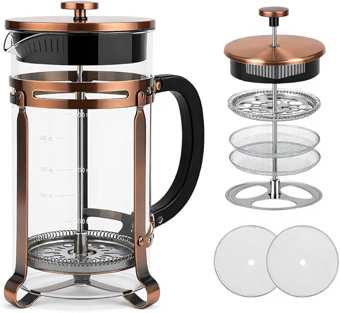 Coffee Maker 304 Stainless Steel French Press with 4 Filter, Heat Resistant Durable, Borosilicate Glass Coffee Press, 100% BPA Teapot, 34ounce, copper