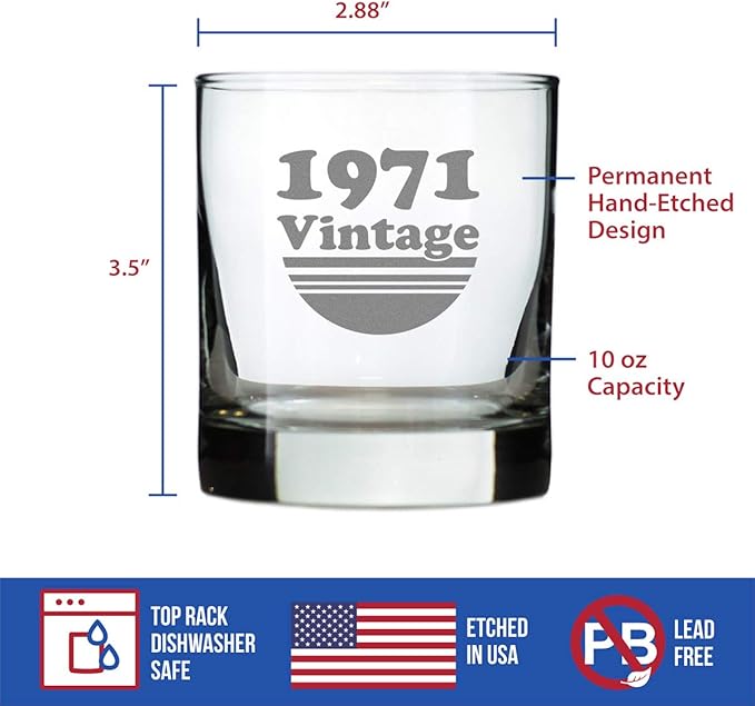 Bevvee Vintage 1971 Whiskey Rocks Glass - 55th Birthday Gifts for Men & Women Turning 55 - Old Fashioned Bday Decor - 10.25 oz