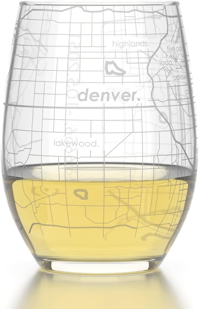 Well Told Engraved Denver Colorado Map Stemless Wine Glass, Etched Wine Glass (15 oz, Clear) City Map Wine Glass, Custom Wine Glass, Gifts for Wine Lovers