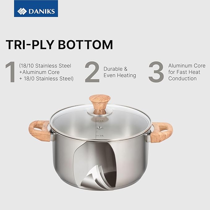 Daniks Oslo 10-Piece Stainless Steel Cookware Set with Glass Lids, Includes Saucepan and Frying Pan with Lid, Tri-Ply Bases for Even Heating, Induction Compatible, Dishwasher Safe, Bakelite Handles