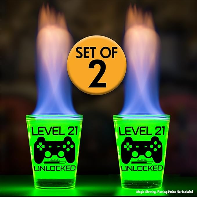 Level 21 Unlocked - Birthday Shot Glass - Celebrate Turning Twenty-One- 21st Birthday Shot Glass for Him/Her - Shot Glass for 21st bday (Pack of 2)