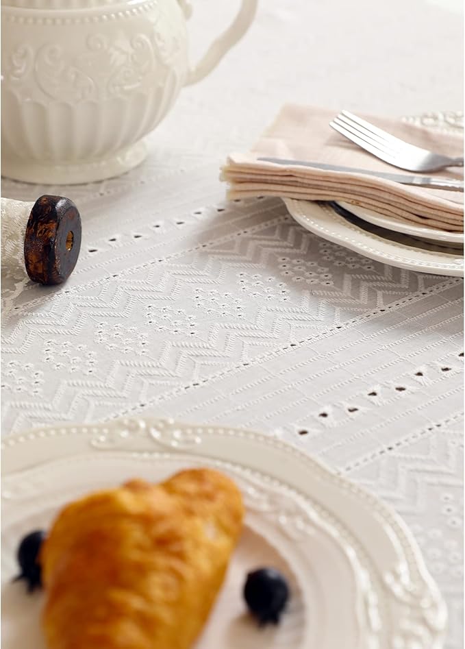 patdrea Vintage White Lace Tablecloth,Design Embroidered Cotton Ruffle Table Cloth for Rectangle Table,Elegant Rustic Fabric Decorations for Wedding Party Thanksgiving Christmas 55"*87"