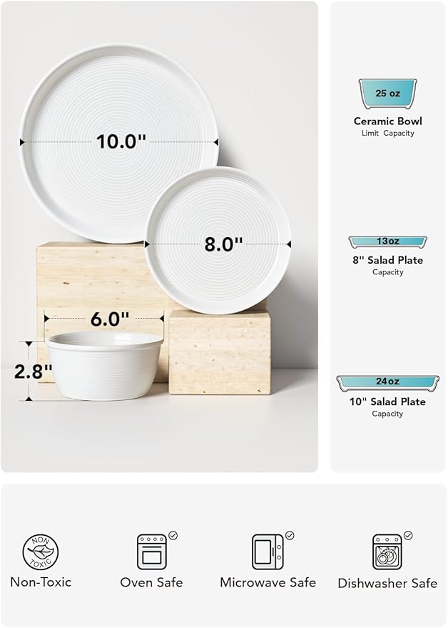 LE TAUCI Ceramic Plates and Bowls Set for 6, 18-Piece Ceramic Dinnerware Set, Farmhouse Dishes Set, Microwave & Dishwasher Safe, Stackable, 10" Dinner+8" Salad Plates+6" Bowls, White