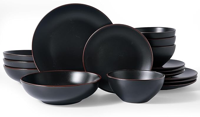 Famiware Venus Speckled Dinnerware Set with Pasta Bowls, Service for 4 (16 Pieces), Stoneware Plates and Double Bowls Sets, Microwave & Dishwasher-Safe Dishes with Trim, Matte Black