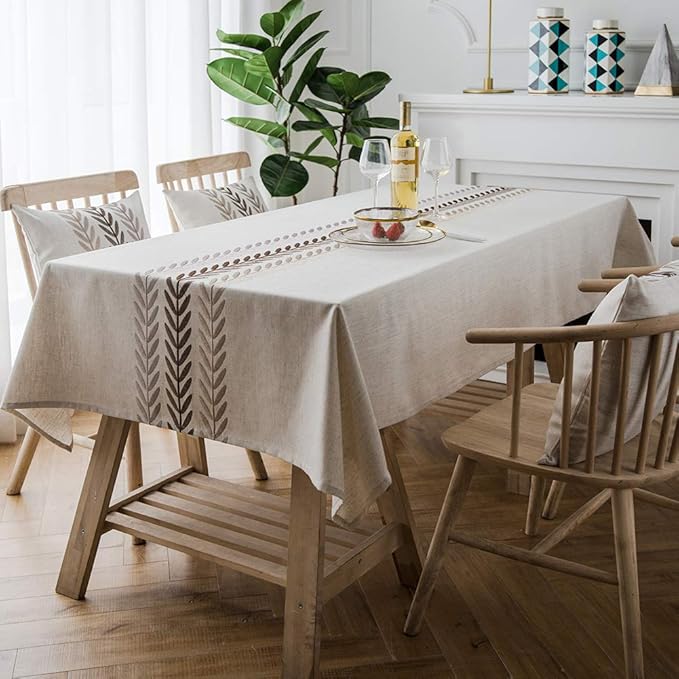 ColorBird Embroidery Leaf Tablecloth Heavy Weight Cotton Linen Fabric Dust-Proof Table Cover for Kitchen Dinning Tabletop Decoration (Rectangle/Oblong, 52 x 70 Inch, Linen)