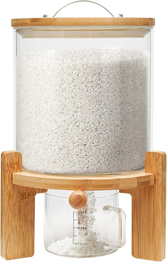 Flour and Cereal Container, Rice Dispenser 5L Glass Food Storge Container for Kitchen Organization and Pantry Store, with Airtight Lid, Measuring Cup and Wooden Stand