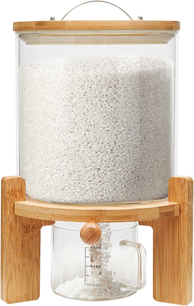 Rice Storage Containers Creative Glass Clear Container Rice Bucket with Measuring Cup and Wooden Stand Kitchen Storage Separate Grain Rice Bucket Cereal Dispenser for Kitchen and Pantry Store (5L)