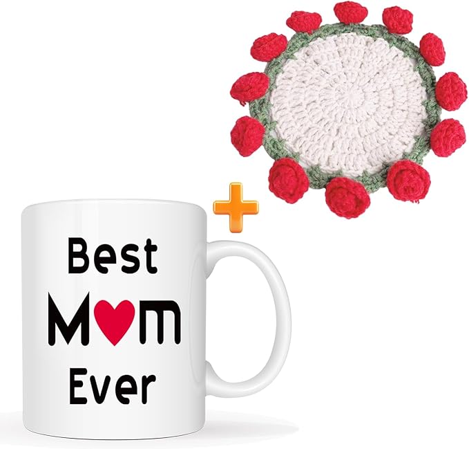 Mothers Day Best Mom Coffee Mug with Handmade Crochet Rose Coaster, Best Mom Ever Unique Christmas or Birthday Gifts Idea for Mother Mama Mommy Porcelain Cup White, 11 Oz