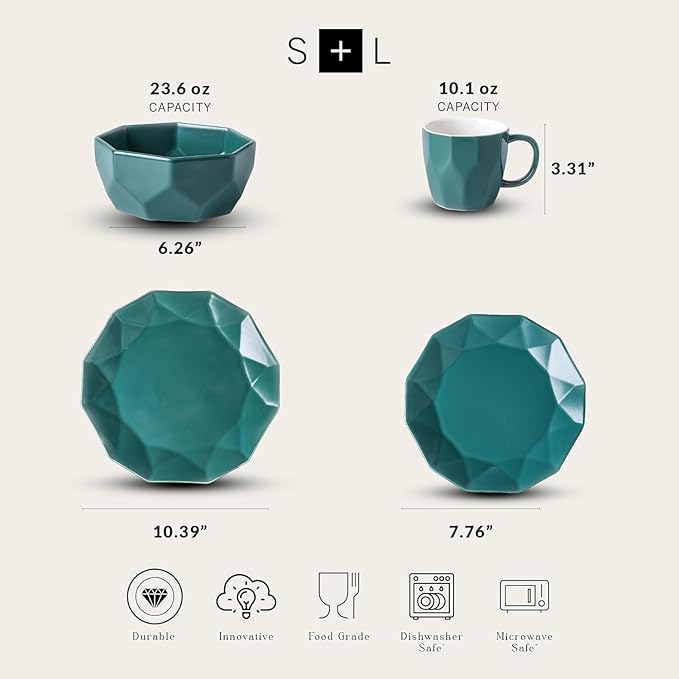 Stone + Lain Jamie Porcelain 16-Piece Geometric Dinnerware Set, Green