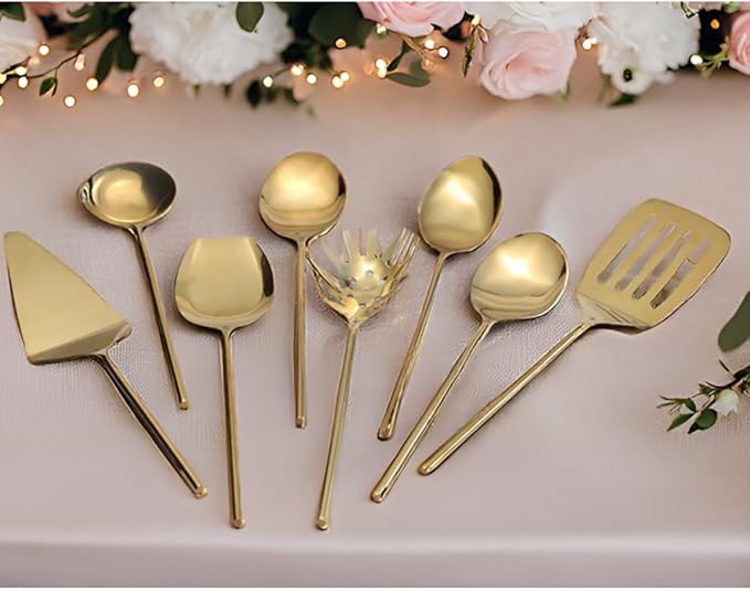 Gold Kitchen Utensils Set | Forged Stainless Steel 9 Pieces for Healthy Cooking | Heavy Duty Golden Spatula, Spoons, Ladle, Slotted turner, Salad, Cake, Pasta Server | Valentine Gifts