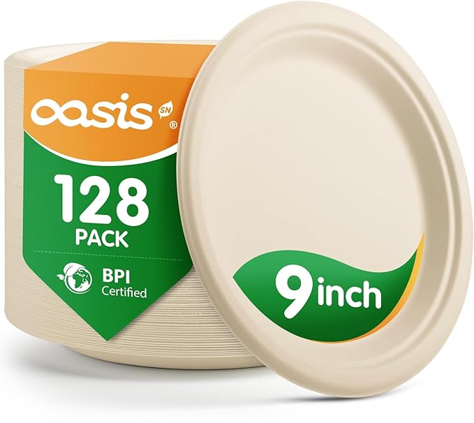 9 Inch 128 Pack Compostable Disposable Paper Plates, Dinner Plates, Heavy Duty Sugarcane Bagasse, Biodegradable Eco-Friendly, Soak Proof & Cut Resistant, Unbleached Natural
