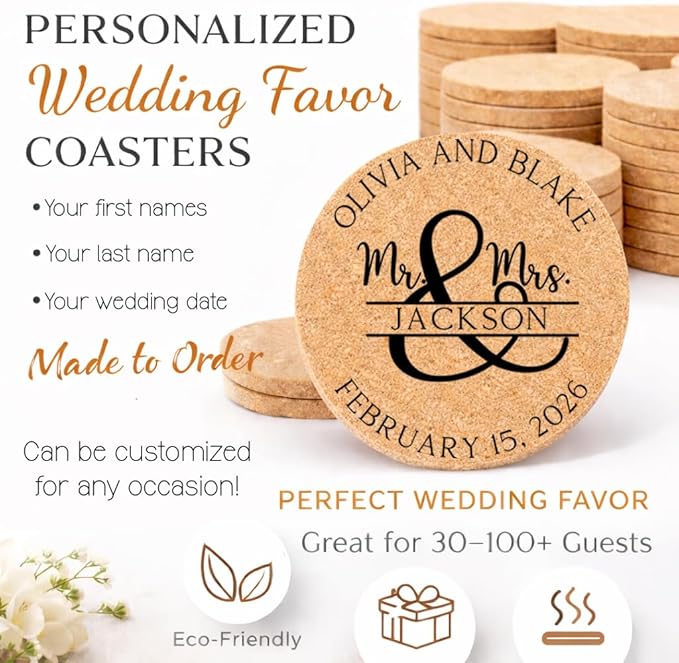 Set of 30-100 Personalized Cork Coasters | Monogrammed Mr & Mrs Wedding Coaster Favors | Custom Engraved Cork Coaster Set | CC104