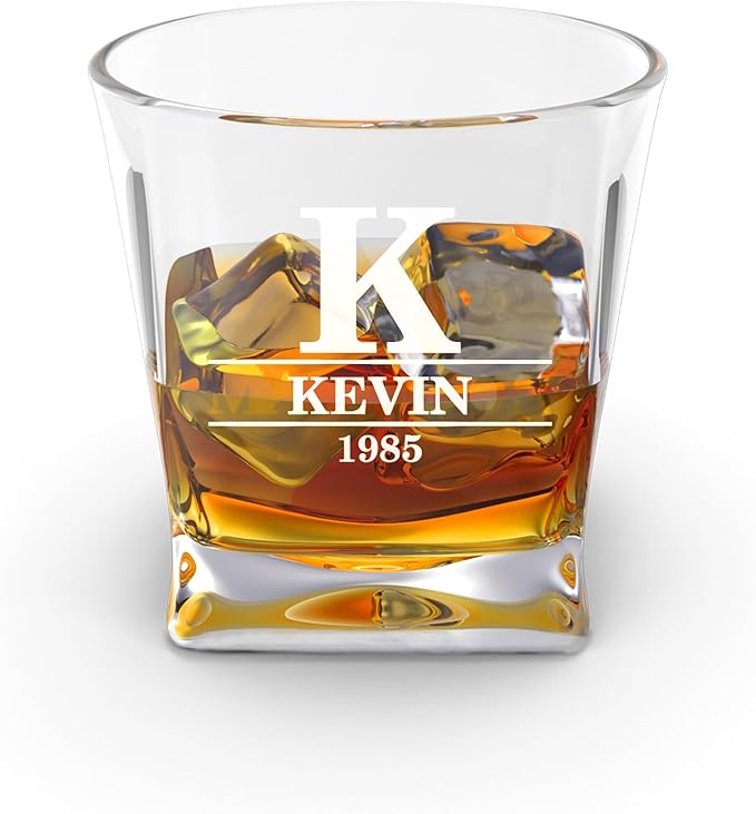 Personalized Engraved Whiskey Glass 10.25 oz – Etched Bourbon Glass with Heavy Base, Old Fashioned Cocktail Glass, Groomsmen & Father’s Day Gift design (Whiskey Design 4)