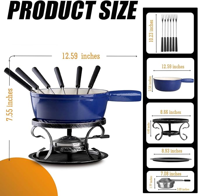 Artestia Cast Iron Fondue Pot Set for Cheese & Chocolate, Fondue Set for 6 with Burner & 6 Forks, Swiss Fondue Pot for Party, Family & Gift, Blue
