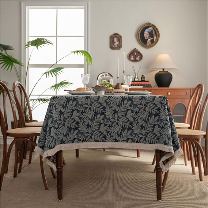 Rectangular Tablecloth Blue Leaf Plant Tablecloth Thick Tablecloth Jacquard Thickened Suitable for Living Room(Style2,140 * 140cm)