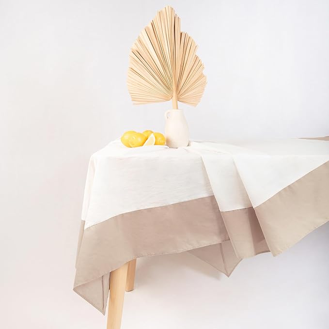 MONDAY MOOSE Farmhouse Rustic Picnic Style Decoration Rectangle Natural Stonewashed Cotton Tablecloth for Kitchen, Dining Room, Restaurant (60x102 inch, White/Beige)