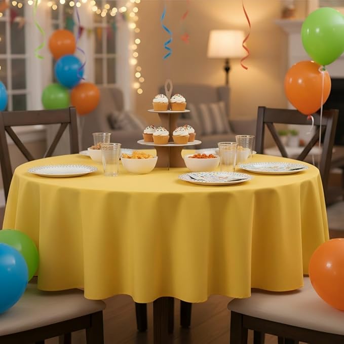 sancua Round Tablecloth - 60 Inch - Water Resistant Spill Proof Washable Polyester Table Cloth Decorative Fabric Table Cover for Dining Tables, Buffet Parties and Camping, Yellow