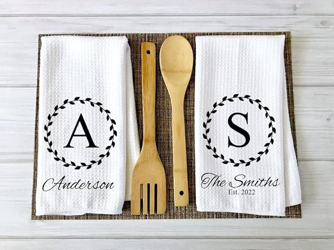 Personalized Kitchen Towel | Custom Tea Towel | Family Name Dish Towel | Kitchen Decor | Hand Towel | Housewarming Gift | Monogram Dishcloth (Wreath 6)