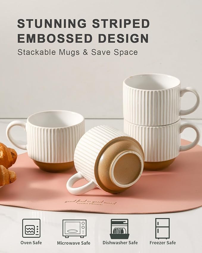 HASENSE 15oz Coffee Mug Set of 4 - Stackable Ceramic Mugs with Holder - White & Light Brown Coffe Cups Set for Cappuccino, Tea, Hot Cocoa, Drinks - Wedding & Housewarming Gifts, Everyday Use