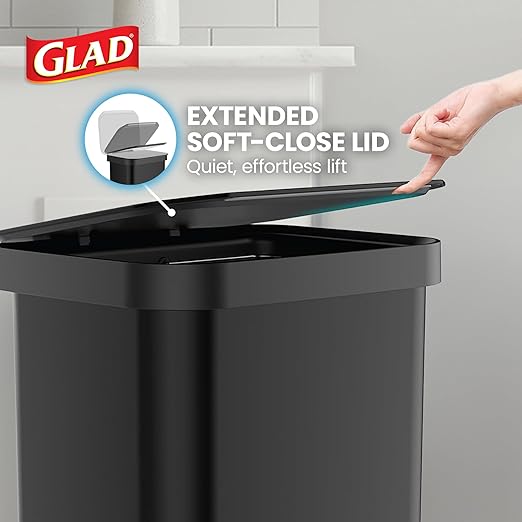 Glad Stainless Steel Step Trash Can, Series 2 with Clorox Protection - Large Black Kitchen Garbage Bin with Soft Close Lid, Foot Pedal and Waste Bag Roll Holder, 20 Gallon